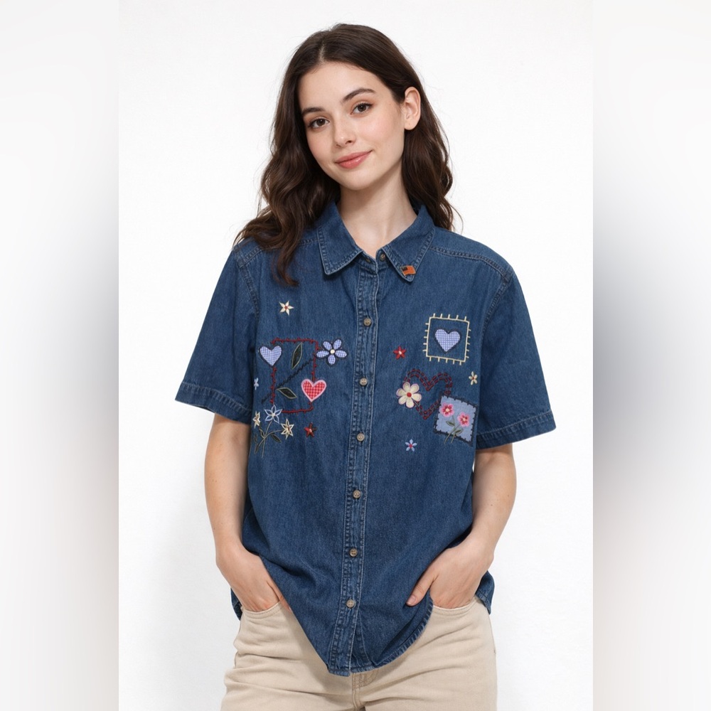 Vintage Embroidered Denim Shirt cottagecore hearts and flowers grannycore